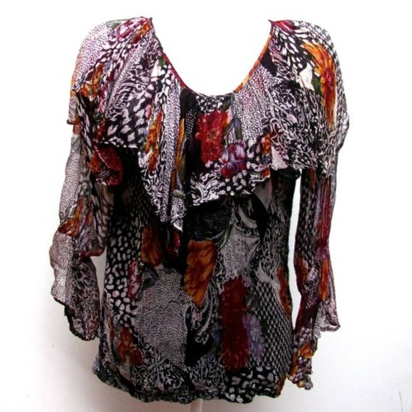 Vintage French Gear Boho Frilly Layered Blouse Floral Rayon Crepe  Size Small - Picture 1 of 10